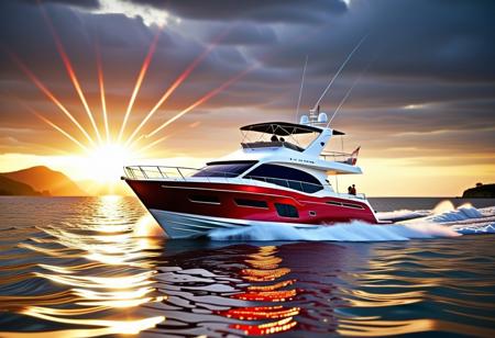 photo, cinematic, shiny red and white sport fishing yacht, ((sailing very fast:0.9)), wave, splashes, 4k, HD, best quality, (offshore of major island:1.6), skyline in background, summer scenery, blue ray, lake, background, the form of sparkling dust. the water becomes magical. at sunset of rippled glass. Backlit. The sport fishing yacht is a masterpiece of luxury sailing, approximately 95 feet long. Gleaming shiny red with elegant gold accents, its design is a testament to sophistication. ((rainbow in background:0.9)),<lora:XDetail_light:1.2>,((voluminous light)),Photorealistic,raw,real life photo,real beauty,((streaks of sun,highly detailed:1.68)),((Rim Lighting:2.3)),((raytracing:2.49)),((3d:1.0)),realistic,masterpiece,4k,high quality,(best quality:1.1), 
 <lora:XDetail_light:1.3>,sky,lake,climbing plant,vegetation,Photorealistic,raw,real life photo,(( beach:2.6)),((palm trees:0.9))