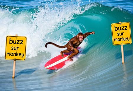 a cool monkey surfing a wave, in the beach some signs with the text "buzz for sufer monkey"