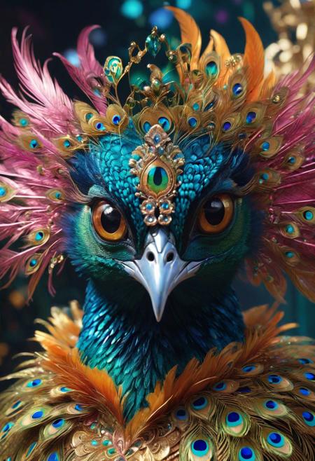 Tilt-shift photo of Mind blowing depth and foreground clarity, a small and cute royal Peacock spawns an adorable non-human celestial animal in the celestial and fantasy style. the animal is supposed to be the most beautiful animal ever created. Consider details such as soft, feathers, silk, satin, shimmer and shimmer. Include subtle details of ghostly iridescence. emphasize small fancy details and ornate jewelry. Camera: Use interesting and dynamic composition. increase visual interest. lighting: use ambient lighting that enhances the atmosphere of the fantasy. include bright colors and deep shadows. hires, detailed eyes, hires detailed eyes, hires small details, elaborate details, ornate, 8k, shimmer, unity, official cgi unreal engine, high resolution, (((masterpiece))), high quality, high resolution, detail enhancement, (bright and light-eyed),