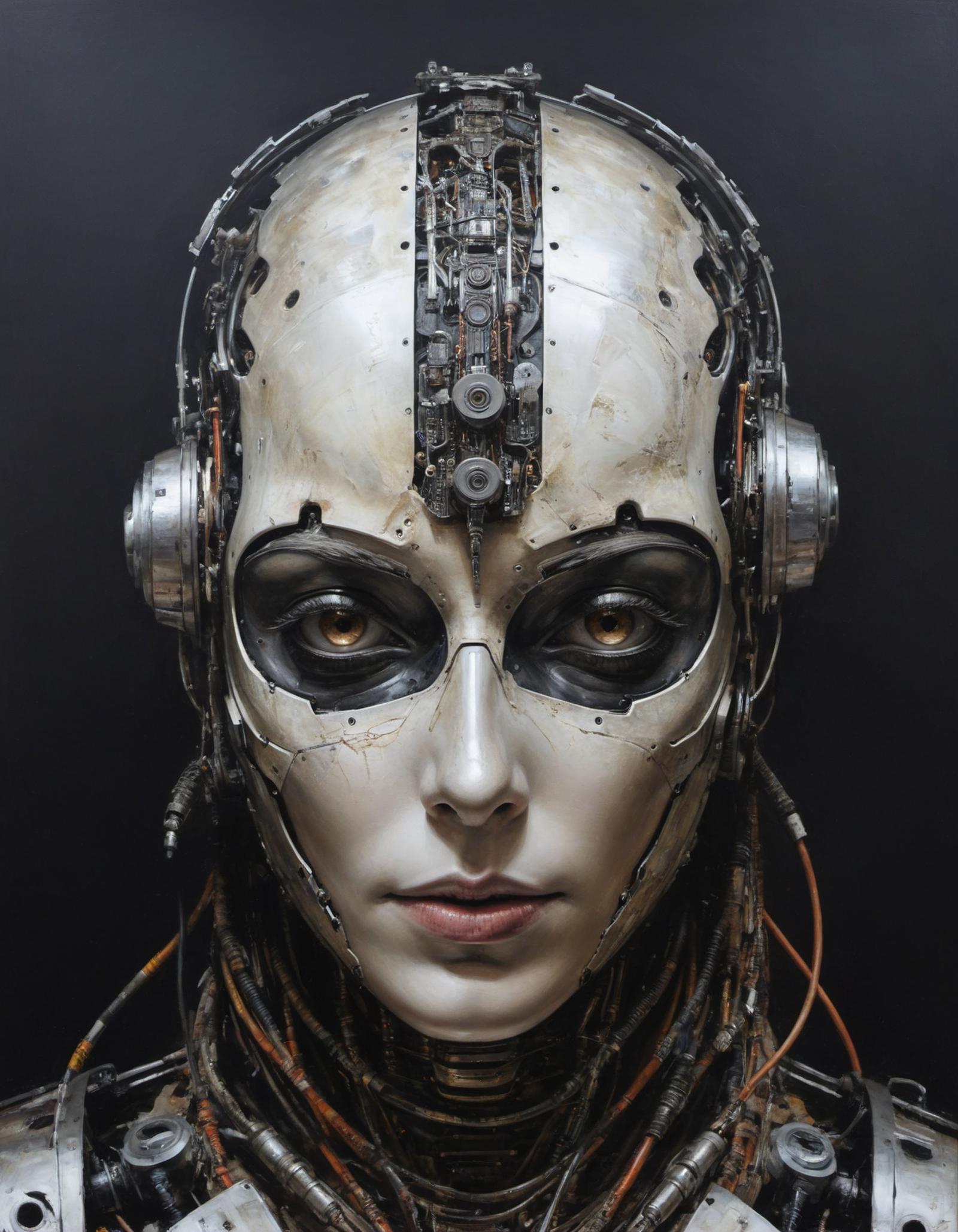 A robot head with a woman's face, wearing a silver helmet and surrounded by cables.