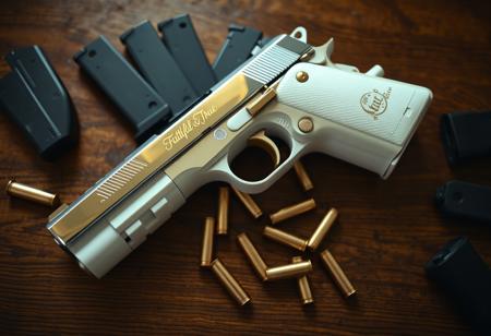 A gun is lying flat on a wooden table, it is a pure white chrome-finished Colt 1911 full-size handgun with "Faithful & True" engraved in elegant font along the slide of the pistol. The grips are beautiful pearl white, and the the gun has gold accents on all the buttons and levers. The pistol is surrounded by spare mags and several extra .45 ACP ammunition rounds littered across the table. View from above, high angle view, cinematic, weapon, indoors, signature, blurry, gun, mirror finish, chrome finish, reflections, beautiful reflections, highly detailed reflections, reflective finish, ((close-up on Gun)), no humans, depth of field, blurry background, handgun, action film style, shallow depth of field, vignette, highly detailed, high budget, bokeh, cinemascope, moody, epic, gorgeous, film grain, grainy