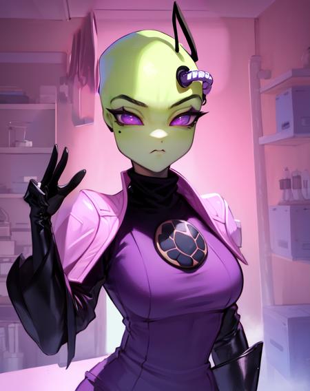 TakAlien,purple eyes , antennae ,mole under eye , pipe on forehead,
 standing, upper body, 
pelvic curtain, black gloves,  turtle neck, pink shoulder pads,  long sleeves,  
 dark lab, purple lighting, lab tech,
(insanely detailed, beautiful detailed face,beautiful detailed eyes, masterpiece, best quality) 
 <lora:TakAlien-10v6:0.9>