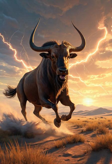 Realistic painting of a male wildebeest galloping powerfully across a vast steppe, with dynamic ray tracing capturing the sunlight filtering through an expansive sky, by artists inspired by the detail and lifelikeness of George Stubbs and the dynamic compositions of Frederic Remington, cinematic composition, trending on ArtStation
BadDream, anzhcdreamwave, aesthetic, glowneon, glowing, sparks, lightning, cloven-hooves (highest coherency: 1.59) (highest quality: 1.39)