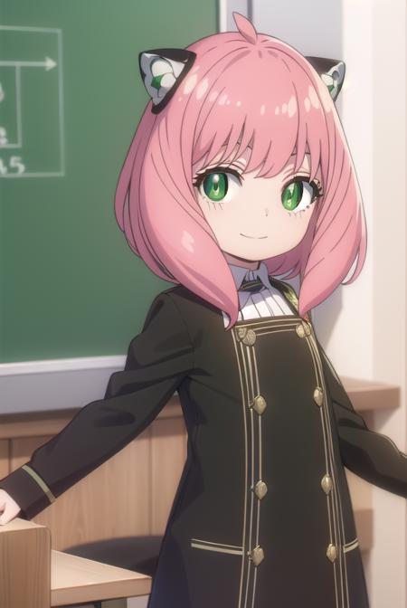 anyaforger, <lora:anya forger s1-lora-nochekaiser:1>,
anya forger, bangs, (green eyes:1.5), pink hair, ahoge, hair ornament, smile, child, female child,
BREAK long sleeves, dress, school uniform, socks, black dress, eden academy school uniform,
BREAK indoors, classroom,
BREAK looking at viewer, (cowboy shot:1.5),
BREAK <lyco:GoodHands-beta2:1>, (masterpiece:1.2), best quality, high resolution, unity 8k wallpaper, (illustration:0.8), (beautiful detailed eyes:1.6), extremely detailed face, perfect lighting, extremely detailed CG, (perfect hands, perfect anatomy),