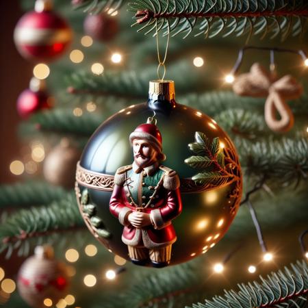 very realistic close-up photograph of a  Christmas sphere with a Christmas wooden soldier in it hanging in a Christmas tree branch