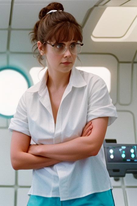 a still frame of Tr1ll1an in a movie, blue shorts, long loose white shirt, hair up, a woman on a spaceship, glasses, upper body focus, 