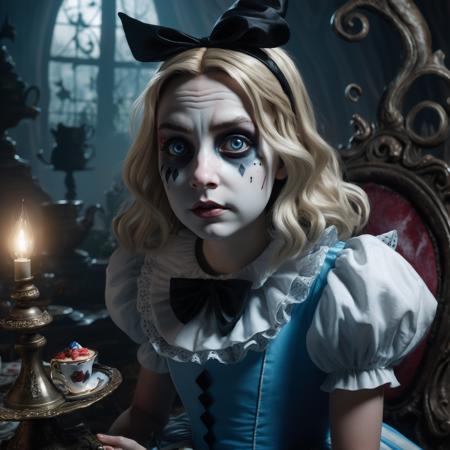 heavy nightmare Version of alice in Wonderland filled with creatres from the story, Alice has a very grim face, photorealism, fantasy,  horror lighting, dynamic lighting, very high detailed