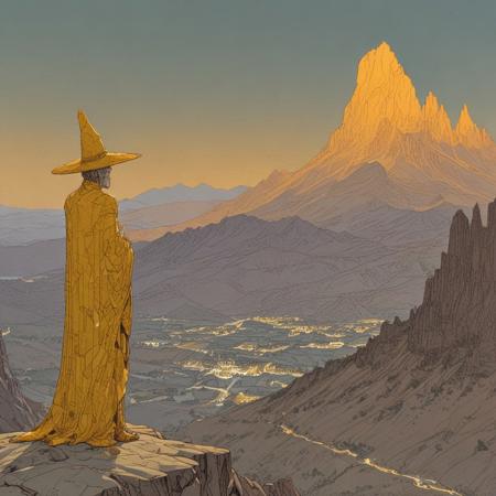 <lora:Moebius_Diffusion.safetensors:1.0>, A dramatic mountain range with jagged peaks and a distant ancient temple glowing with amber light, a shadowy tall figure with a large hat standing near the peak, grey and glowing gold, the glowing temple peaks, in the style of Jean Giraud, in the style of Moebius,