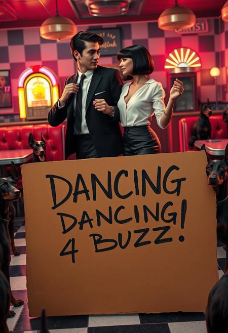 Create a highly realistic image of a dance scene inspired by “Pulp Fiction,” with a distinctive twist. The setting is a 1950s diner with black-and-white checkered floors, red vinyl booths, and neon lights casting a warm, nostalgic glow. A vintage jukebox adds colorful light in the background.
In the foreground, two characters are mid-dance: a man with slicked-back dark hair in a sharp black suit, white shirt, and skinny tie, and a woman with a sleek black bob haircut, wearing a white blouse and black pants. They strike a lively, playful pose.
Prominently in front of them is a large cardboard sign, almost stealing the spotlight. The sign reads “DANCING 4 BUZZ!” in bold, hand-drawn letters, with a worn, DIY appearance. The cardboard, slightly creased and smudged, adds a quirky, humorous element to the scene.
Surrounding the dance floor are several dobermans with sharp, realistic features and glowing red eyes, their tense postures creating an eerie, surreal contrast to the vibrant dance. The prominent cardboard sign in the foreground blends humor with the intense, otherworldly atmosphere, making the overall image vividly real yet unsettling.