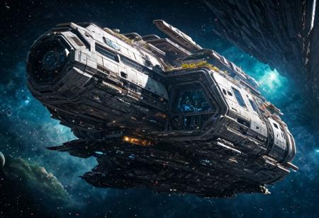 an abandoned spaceship plunged into decay. drifting in deep space. 4k, high-detail hyperrealism, HD quality, high-detail masterpiece
great lighting, clear, futureskyline