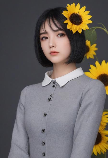 masterpiece, best quality, good quality, very awa, very aesthetic, absurdres, newest, 1girl, solo, looking_at_viewer, simple_background, black_hair, hair_ornament, dress, closed_mouth, upper_body, grey_hair, flower, hair_flower, black_eyes, forehead, yellow_flower, sunflower, dripping