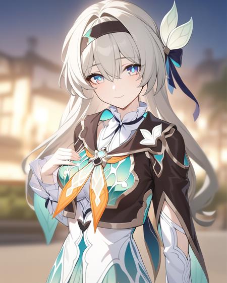 masterpiece,best quality,<lora:ireflyv1:1>,firefly \(honkai: star rail\), 1girl, solo, smile, long hair, looking at viewer, closed mouth, bangs, dress, hair ornament, long sleeves, blurry background, grey hair, black hairband, hair between eyes, jacket, blue eyes, white flower, outdoors