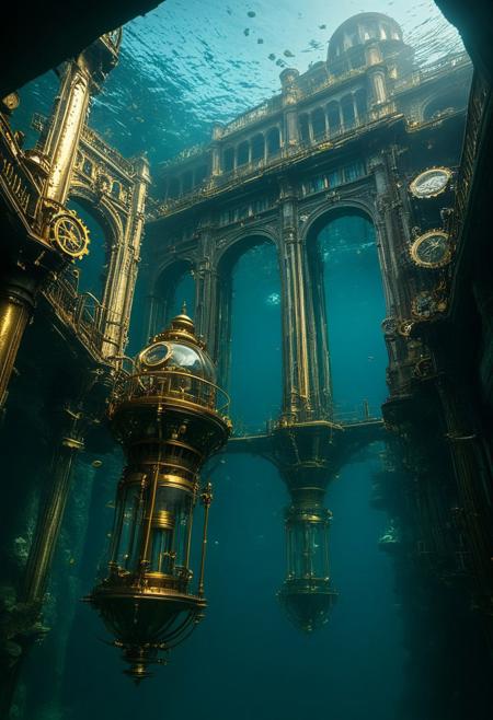 Underwater steampunk city, 8K, photorealistic, ((masterpiece, hyper-detailed)), crystalline waters, brass and copper structures, highres, ultra-sharp focus, A vast submerged metropolis of Victorian-era buildings and clockwork mechanisms. Design a minimalist logo inspired by the BTS logo. It features two vertical, symmetrical, sleek trapezoid shapes side by side, resembling doors that open toward the future. The words "NALOESIG BTS ARMY" on text completes the bts logo, The design should have a modern, polished, and simple aesthetic. Use a purple and metallic color palette, such as black, silver, purple and white. The shapes should look futuristic