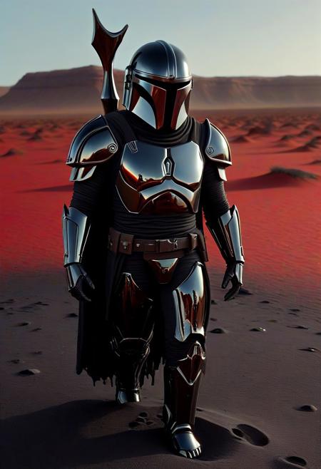ObsidianX, The Mandalorian made of Chrome, with obsidian trim, walking through the desert. obsidian skull with liquid gold dripping down it ObsidianSand, Smooth_Quality, mobe-godeen, red background.
