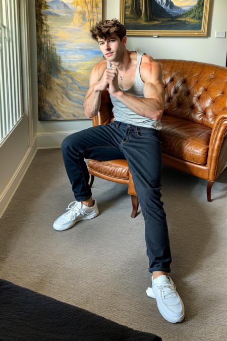 a handsome guy, tank top, he is wearing black pants, upper body, 28yo, caucasian, <lora:darelljones:1>, darelljones, ultra realistic, highres, solo, american man, luxurry high view room, luxury room, chill vibe, <lora:add_detail:0.7>, add detail, (close_up), male focus, close view, (masterpiece,best quality:1.5)