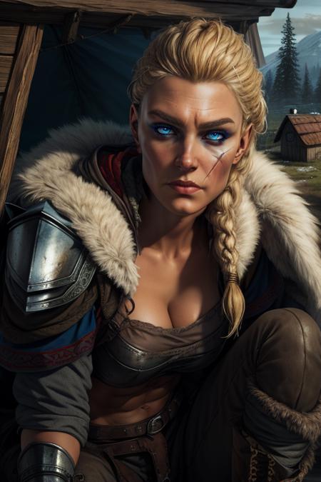 Eivor, scar on face,blonde hair,blue eyes, short hair,  sitting,  upper body,  close up, serious, 
Nordic, wooden house, cold weather,  sitting in a tent,  
(insanely detailed, beautiful detailed face, masterpiece, beautiful detailed eyes, best quality)   <lora:Eivor-10:0.8>