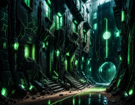 masterpiece, best quality, amazing quality, very aesthetic, absurdres, newest, very awa, highres, highly detailed, detailed shading,cinematic, volumetric lighting, 35 mm photo, high detail, ultrarealistic, 8k BREAK
underground black‑market passage in a dark SF‑fantasy city,
dimly lit, cracked ceiling and winding stairwells above let shafts of daylight fall like divine beams,
dust sparkling in the light, damp stone walls,
eerie and unsettling mood, accents of toxic green neon light flickering,
crowded stalls, shadowy androids and alien species bartering ,Necron,electricity, green glow, green theme
 <lora:add-detail-xl:1> <lora:cfg_scale_boost:0.4> <lora:Necron_World_XL:1>