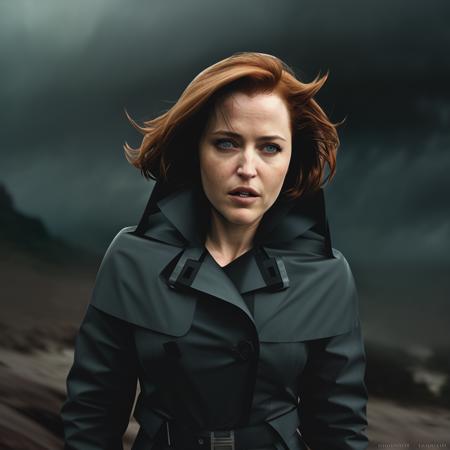 gilliananderson, an attractive woman, on a (mountain-top), wearing a (coat), (heavy-rainstorm:1.1), 24mm, 4k textures, soft cinematic light, adobe lightroom, photolab, hdr,