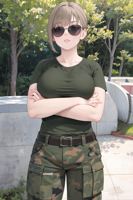 bootsnutes, <lora:bootsnutes3:0.6>, shirt tucked in, green shirt, t-shirt, camouflage pants, black belt, belt buckle, outdoors, crossed arms, sunglasses, large breasts