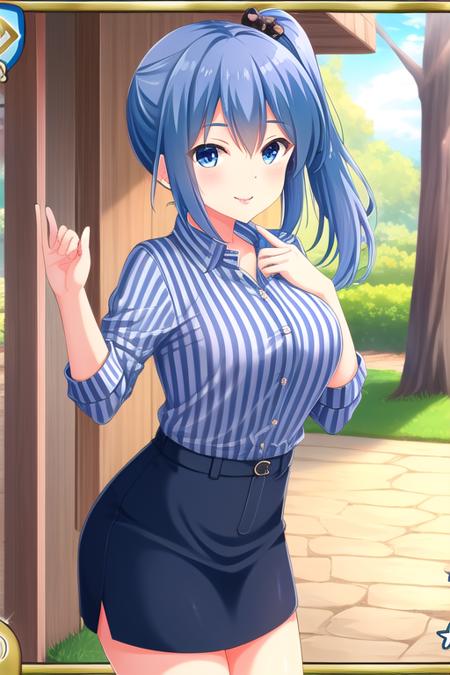 masterpiece, best quality, highly detailed background, perfect lightingbest quality, <lora:Oribe-Chika:0.6>, 1girl, solo, sitting, blue hair, side ponytail, blue eyes, breasts, blue shirt, striped shirt, white shirt, black skirt, smile, closed mouth, pink lips.