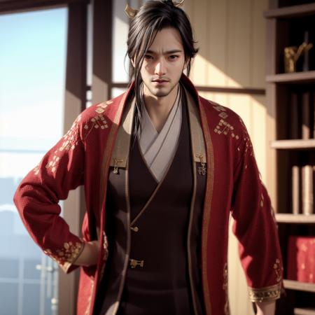 a man with a red jacket and a black hat and a red jacket and a red and white robe, (1boy:0.782), (architecture:0.810), (blurry:0.568), (bookshelf:0.895), (brown eyes:0.620), (brown hair:0.521), (chinese clothes:0.812), (closed mouth:0.511), (east asian architecture:0.719), (facial hair:0.631), (hanfu:0.771), (indoors:0.636), (japanese clothes:0.599), (long hair:0.576), (looking at viewer:0.622), (male focus:0.812), (solo:0.859), (upper body:0.787)