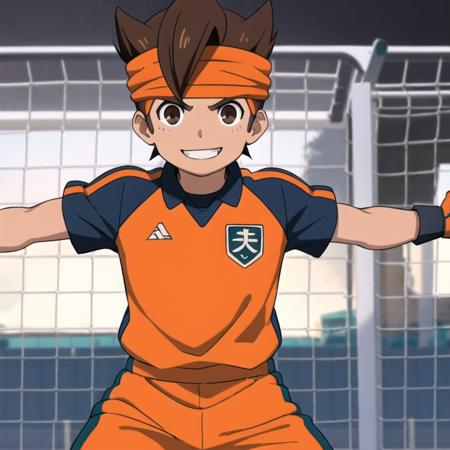 <lora:Mark Evans:0.75>,1boy,mature boy,smile,Mark Evans,head band,orange football uniform,gloves,goalpost,rage face,squating,keeper gloves,brown eyes,soccer field background