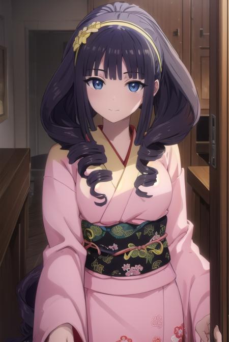 miori shiba, long hair, black hair, hair ornament, (black eyes:1.3), hairband, drill hair, japanese clothes, kimono,