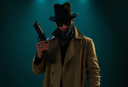 Mysterious man wearing long beige trench coat, black top hat, sunglasses obscuring face, neck bandana, stands in a dim room. Holds large black gun in right hand, left hand raised gesture, poised for action. Cinematic film noir, dramatic low-key lighting, chiaroscuro, high detail, sharp lines, 4K, Octane Render, Unreal Engine 5, impeccable composition, trending on ArtstationHQ, CGSociety.