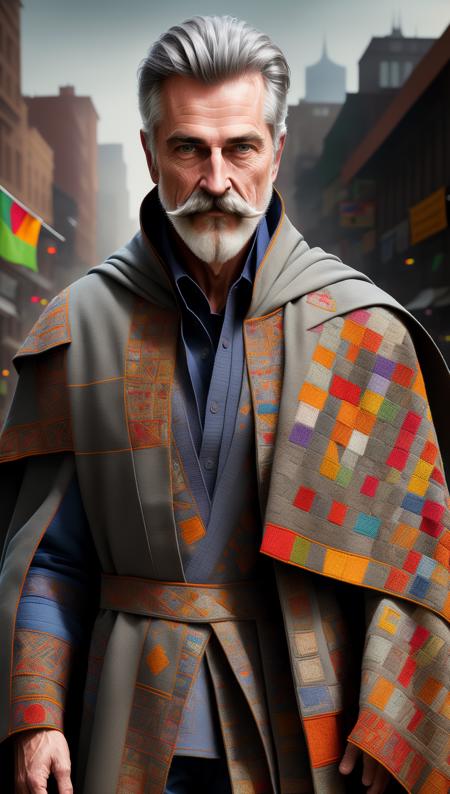 a detailed (full body:1.2) photography of a thom merrilin, colorful patches, gleeman cloak, pants, shirt, (symbols, musical notes on patches, intricate needlework:1)
realism, dynamic shadows, uhd, 8k, modelshoot style,
grey mustache
in city<lora:Thom Merrilin-000001:0.7>