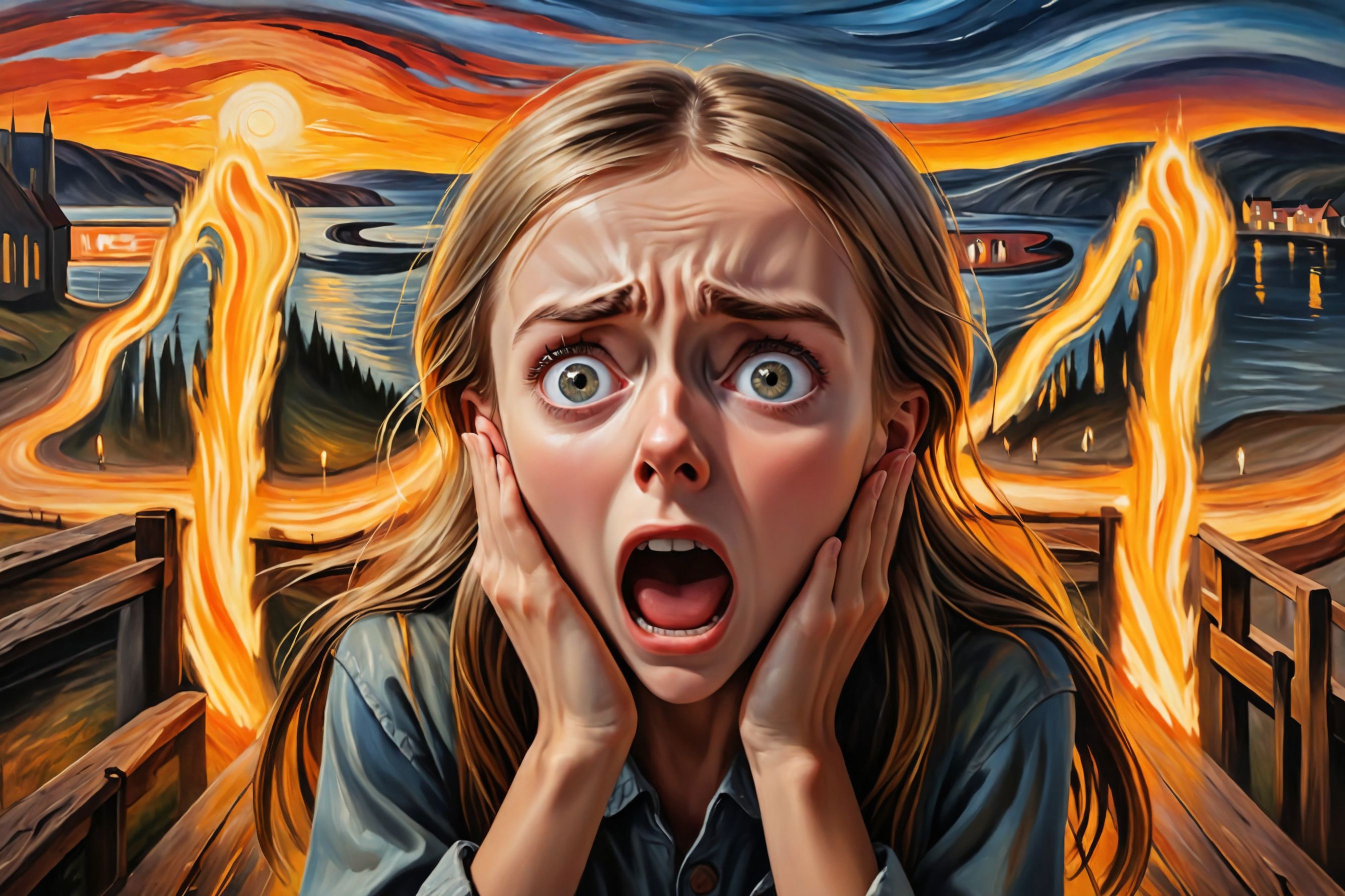 A Screaming Girl with Open Mouth and Wide Eyes in a Painting