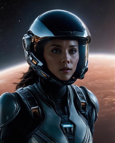 lexa_doig, <lora:LexaDoigXL:1>, floating in space, alien planet, universe, space, futuristic space suit, closed helmed, helmet lamp, epic space battle in background, ((perfect eyes, detailed eyes,realistic eyes)), (masterpiece, best quality, ultra-detailed, best shadow), high contrast, (best illumination), ((cinematic light)), colorful, hyper detail, dramatic light, intricate details, (1 girl, solo) , ultra detailed artistic photography, dreamy, backlit, shadows, ultra high definition, 8k, ultra sharp focus, ultra high quality model, soft lighting, film photography, analogue photography, hyperrealism,, ((sharp face, detailed face, realistic face, naturtal skin, realistic skin, detailed skin, pores))