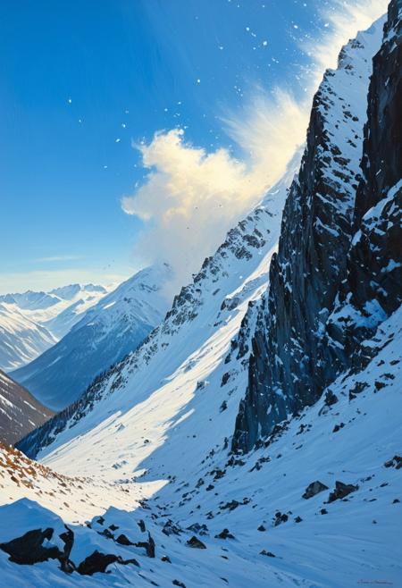 snowy_landscapes, painting. Impressionist oil painting of a horrible avalanche during late winter. The view is from the base of a large mountain. Half-way up the mountain a large cornice has released and a massive avalanche of tumbling snow is building relentlessly through the scene. Specks of blue sky and sun are still visible, but shadow and darkness begin to descend over the scene as the avalanche builds in ferocity. A small group of winter birds can be seen in the foreground beginning to take flight to escape the oncoming path of wreckage. The work is unsigned. It is an exceptional masterpiece.