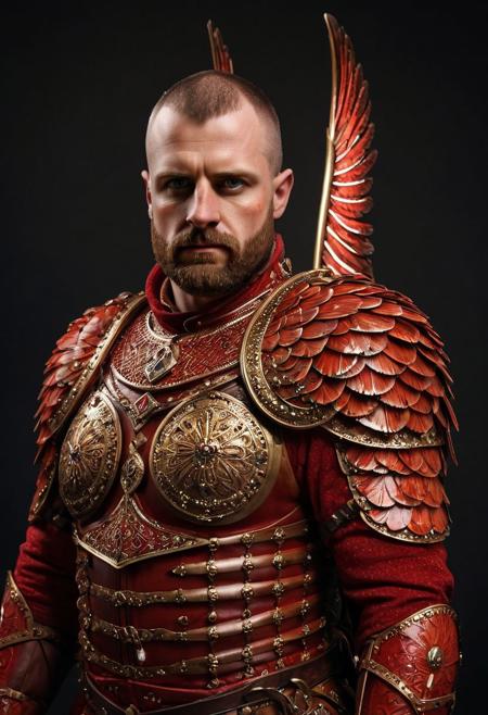 dual winged hussars, ornate red stylized wings on back of man, 2 large hussar wings behind back, undercuthaircut, Photorealistic oil painting of (Handsome:1.1) (Polish) (Irish) (Slavic) (bright sapphire eyes) (half-dragon warrior-prince:1.2) with (intricate metallic red brass scales seamlessly melded into arm and neck:0.9), 28-year-old, (darkblonde undercut hair:1.1), (medieval fantasy clothing:1.2), grimdark fantasy, (medieval) fantasy, high fantasy, epic fantasy, (upper body:1.3) (medium shot:1.3) taken with (fujifilm xt3:1.1), film grain, dark style, raking light dramatic hard shadows, (dramatic lighting:0.9), material contrast, cinematic composition, intricate details, masterpiece, visually stunning, evocative, vivid deep hues, brass, red runes, (body transformation:1.2), <dhevv:ds-style:rsd1.5>, realistic eyes, scaleborn, scales, undercut, royal, red armor, symmetrical armor, large nose, wide nose, wide nosebridge, tallnose, dour expression, full beard, strongman, raised eyebrow