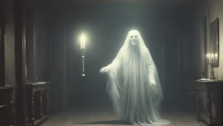 a photo of a transparent victorian ghost holding a candle walking down a hallway <lora:Aether_Ghost_v1_LoRA:0.5>