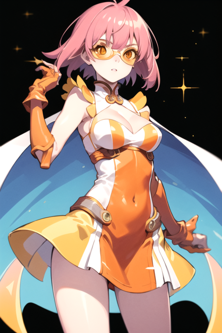 StrangeJuice, 1girl, solo, short hair, orange gloves, orange dress, cleavage, medium breasts, pink hair, sleeveless, cape, orange eyes, tinted eyewear, bare shoulders, frills, skin tight, short dress, cleavage cutout 