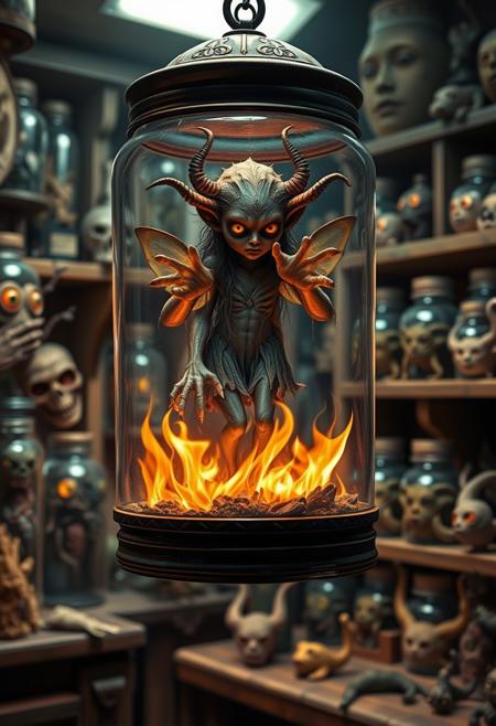 (monster girl, demon fairy inside a jar), fire, (wide jar, in container), humanoid, floating,  feet dangling,  slightly glowing, shelves,  specimens in jars, detailed medieval oddity shop background, creepy horror, yellow eyes, slit pupils, too many eyes,, inside a medieval shop,