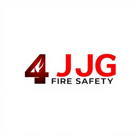 A professional and modern logo for a fire safety company named '4 JG'. The design should feature bold, strong lettering in red and black to represent fire protection and security. The background should be white for a clean look. Incorporate an icon of a fire extinguisher, flames, or a shield to emphasize safety and prevention. The overall design should be sleek, trustworthy, and visually striking
