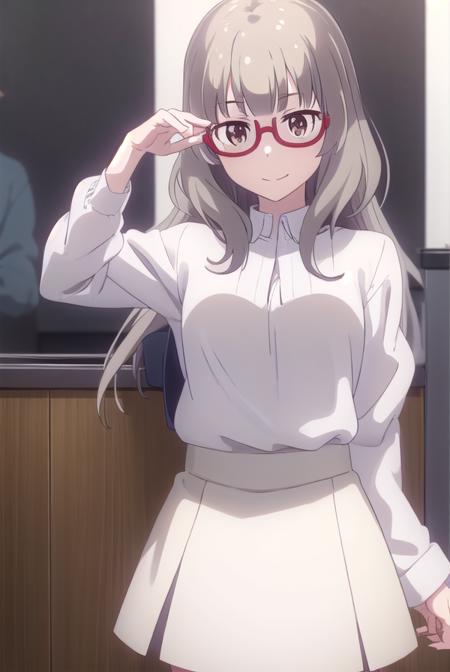 shizukuhazuki, <lora:shizuku hazuki s2-lora-nochekaiser:1>, 
shizuku hazuki, long hair, bangs, (brown eyes:1.5), grey hair, glasses, semi-rimless eyewear, red-framed eyewear, under-rim eyewear, smile,
BREAK skirt, shirt, long sleeves, white shirt, black skirt, fringe trim,
BREAK indoors, office,
BREAK looking at viewer, (cowboy shot:1.5),
BREAK <lyco:GoodHands-beta2:1>, (masterpiece:1.2), best quality, high resolution, unity 8k wallpaper, (illustration:0.8), (beautiful detailed eyes:1.6), extremely detailed face, perfect lighting, extremely detailed CG, (perfect hands, perfect anatomy),