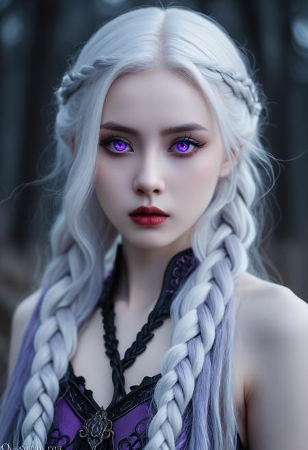 Gothic style Tilt-shift photo of   . , .Selective focus, highly detailed, vibrant, perspective control,, <lora:Waifu Style-Du Qiong-000008:0.25>,Du Qiong,, 1girl,long silver-white hair pale as moonlight,Targaryen lineage,hair is worn in intricate braids,large violet eyes noted for their intensity and otherworldly quality,pale smooth skin with a creamy complexion with an almost luminous quality,striking beauty,slim and petite build, . Dark, mysterious, haunting, dramatic, ornate, detailed