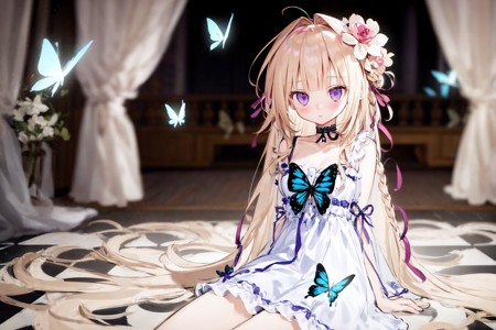 best quality, masterpiece, extremely detailed, detailed background, best quality, masterpiece, extremely detailed, detailed background, 1girl, butterfly, bug, purple eyes, dress, solo, long hair, flower, hair ornament, braid, white dress, checkered floor, blonde hair, sitting, looking at viewer, choker, hair flower, bangs, very long hair, rose, closed mouth, black choker, butterfly hair ornament, long sleeves, chess piece, ahoge, blurry, ribbon, hair ribbon, blush, blue butterfly,