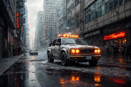 (RAW photo, 8k uhd, Analog style, Masterpiece, Best Quality, Highres:1.3), (dramatic, cinematic:1.2), BREAK,
movie shot of (ultra-detailed:1.1), (striped:1.3) (military:1.4) (cyberpunk:1.3) (battlecar:1.35) (armed with turret machine gun and grenade launchers:1.33) (rushing:1.3) through (cyberpunk city street:1.35), ((glossy:1.1) technological futuristic design:1.2), (drifting:1.3), (neon lights:1.1), (wet asphalt, reflections:1.2), (firing tires:1.35), (water splash, puddles:1.32), (debris:1.32), (steam:1.3), (frightened:1.1) (pedestrians:1.4), (bright day:1.15), (daytime:1.15) (cloudy sky, (rain:1.1):1.2), (skyscrapers:1.15), BREAK,
(photorealistic:1.2), (dutch angle:1.4), (light particles, colorful:1.2), (action movie scene, dynamic composition, fast, chasing:1.3), (motion blur, motion lines:1.3), (cyberpunk, science fiction, blockbuster, military vehicle, volumetric light:1.3), (daylight:1.2) (noir:0.5) (urban atmosphere, vehicle focus, cinematic tone, toxic, glowing, intricate, electricity, purple orange green color scheme, graffiti, (dust:1.1), no humans:1.2), BREAK,
<lora:more_details:1.0>,
<lora:zoom_slider_v1:2.0>