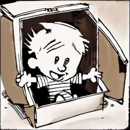 cartoon boy playing in a cardboard box <lora:CalvinandHobbes:1>