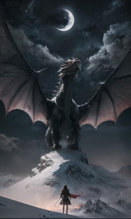 Best quality, masterpiece, digital painting, magical style, Emilia Clarke, a brave woman standing on a mountaintop with a Western dragon, watching the audience, the snowy battlefield, and the flying dragons in the sky. The scene is grand and full of tense atmosphere, with night sky, moon, stars, Epic level composition, (extreme long shot),
Crazy details, movie lighting, extremely high resolution, 32K