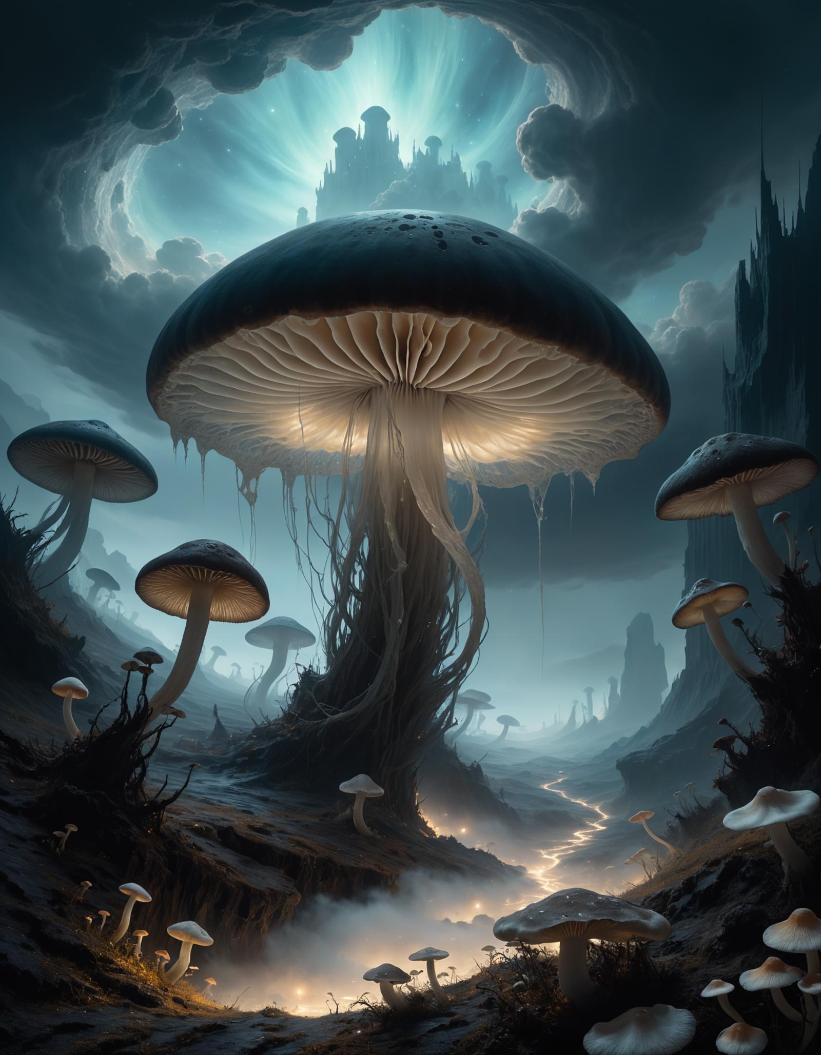 An artistic drawing of mushrooms and a castle under a cloudy sky.
