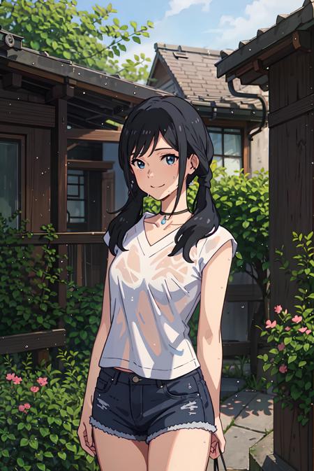 <lora:Amano_Hina-000011:0.6>,amano_hina, 1 girl, solo,(smile),(standing),arms behind back,(upper body), twin tails, long black hair, blue eyes, white sleeveless jacket,denim shorts, bare shoulders,(wet body),outdoors,flowers,park,lawn,