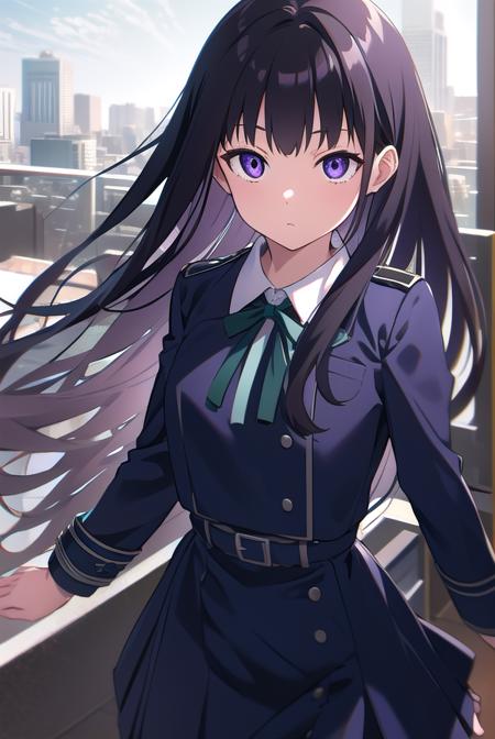 takinainoue, <lyco:takinainoue-LYCORIStest:1>, inoue takina, long hair, bangs, black hair, (purple eyes:1.2), BREAK shirt, long sleeves, dress, ribbon, school uniform, white shirt, collared shirt, belt, neck ribbon, blue dress, green ribbon, pleated dress, grey dress, two-tone dress, blue belt, lycoris uniform, BREAK outdoors, city, BREAK <lora:GoodHands-vanilla:1>, (masterpiece:1.2), best quality, high resolution, unity 8k wallpaper, (illustration:0.8), (beautiful detailed eyes:1.6), extremely detailed face, perfect lighting, extremely detailed CG, (perfect hands, perfect anatomy),