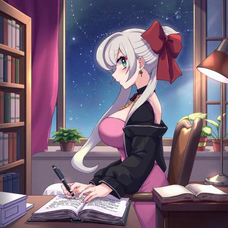 masterpiece, best quality, (huge breasts:5.5), (curvy), BREAK, zzMarnie, aqua eyes, black choker, red ribbon, pink dress, jewelry, black jacket, open clothes, long sleeves, <lora:MarniePokemonIllustrious:1.0>,zzLofi, sitting, side view, desk, chair, book, bookshelf, head rest, holding, holding pen, lamp, night, open book, pen, plant, potted plant, sky, star (sky), starry sky, window, windowsill, writing, , <lora:LofiGirl_Style_IXL:1.0>