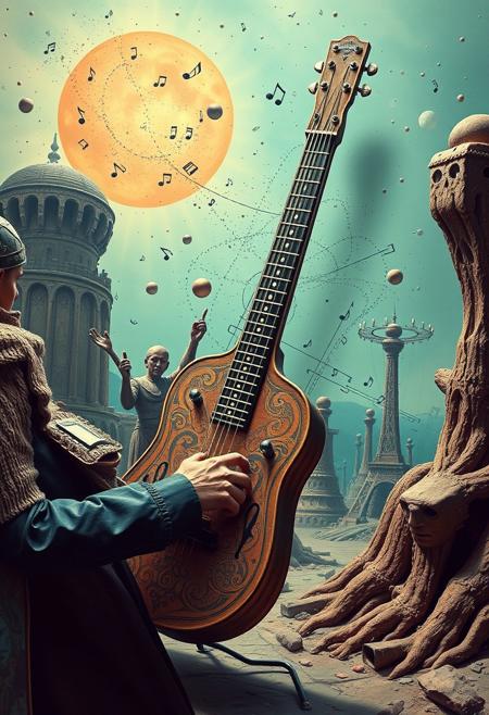 "Salvador Dalí octocore, fusepunk, petrol colored, mucical instrument , illusion,  limitless, pale, chaotic, mucical notes , ultra detailed, cinematic  "
