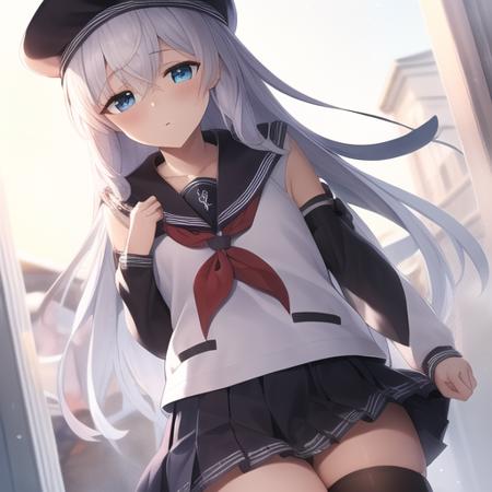 (masterpiece, best quality1.2),illustration,8k,hd,1girls,solo,long_hair,blue_eyes,serafuku,hair_between_eyes,grey_hair,hat,white_hair,anchor_symbol,black_headwear,black_sailor_collar,black_skirt,flat_cap,long_sleeves,neckerchief,pleated_skirt,red_neckerchief,school_uniform,skirt,black_thighhighs,<lora:Hibiki>,