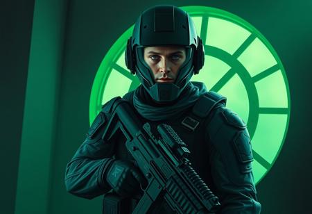 A Surreal Oil Painting of a futuristic soldier, standing in a dimly lit room. The soldier is equipped with a helmet and a gun, suggesting readiness for combat, Super Detailed Face and Eyes and Clothes, Beautiful Detailed Eyes, Lifelike Details. The room is characterized by a large circular window in the background, which is illuminated by a green light, casting an ethereal glow on the soldier, Captivating Lighting. The soldier's position in front of the window and the green light create a sense of depth in the image, Attractive Background. The overall color scheme is dominated by shades of green and gray, Stunning Colors, Harmonious Colors, Multi Colored. adding to the futuristic and mysterious atmosphere. 4K, 4K, Exceptional Quality, More Detail, Handcrafted with Precision, High Quality, Sharp Lines and Brush Strokes, Contemporary Aesthetics, Beautiful Matte Painting, Impeccable Composition, Creative Angle, Balanced Editing, Intentional Focus, Well-timed Moment, Isometric, Dynamic Action Pose, Grammer Effect Style, Splash Ink Illustration, Octane Render, Octane Render, Unreal Engine 5, Raphael Style, Houdini Style, Vivid Emotions, Joyful Impact, Powerful Message, CGSociety, Artstation Trending on ArtstationHQ, Golden Ratio, trending on artstation, concept art, detailed, detailed, high definition, sharp focus, insane detail, volumetric lighting, very detailed.